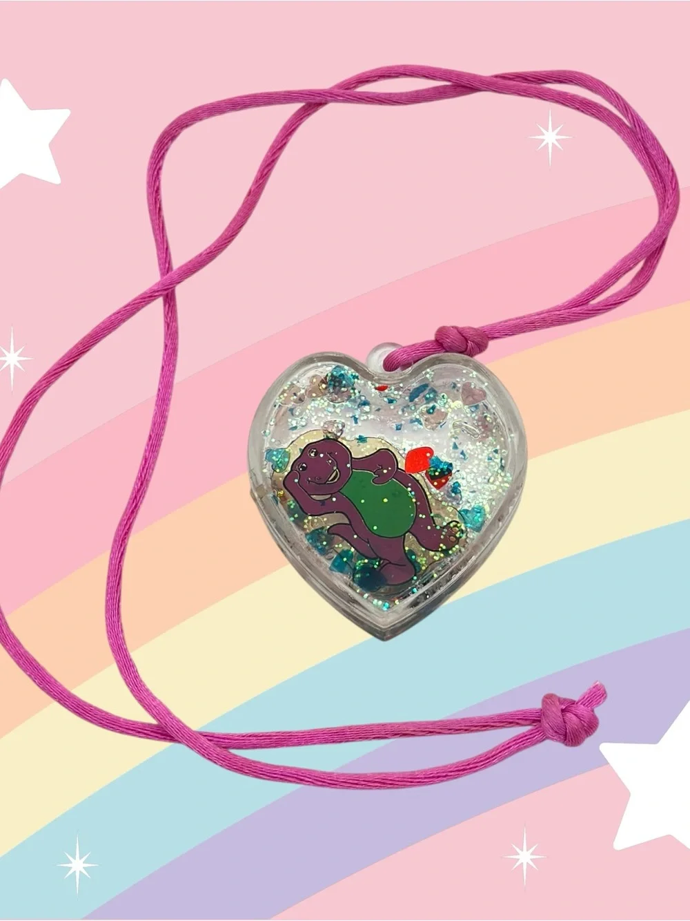Millennial Kids Barney Dinosaur Glitter Heart Pendant Necklace Nostalgic Y2K PBS